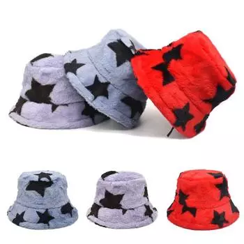 Hot Koop Fashion Kunstmatige Konijnenbont Emmer Hoed Vrouwen Star Gedrukt Warm Verdikte Visser Hoed Pluche Wastafel Hoed Dame синий