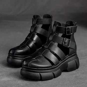 Hot Quality 6CM Retro Thick Heel Sandals for Women Genuine Leather Summer High Heel Closed Toe Sandals Buckle ZIP Platform Shoes 35