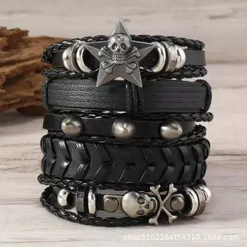 Hot Sale 5-piece Punk Style Handwoven Retro Fashion Big Pentagram Skull Alloy Accessory Leather разноцветный