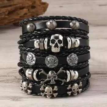 Hot Sale 5 Pieces/Set Punk Style Handwoven Retro Fashion Skull Alloy Accessories Leather Bracelet разноцветный