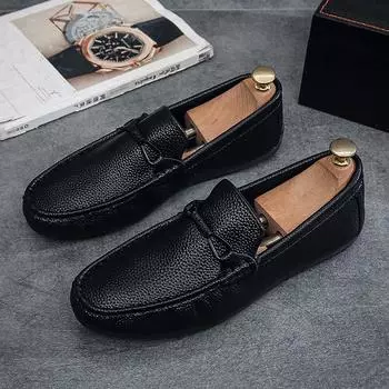 Hot Sale Black Leather Loafers Men Slip-on Casual Shoes Breathable Soft Mocassin Man Comfortable Social Shoe Male Driving Flats 39 чёрный