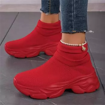 Hot Sale Breathable Socks Shoes Woman 2024 Trend Red Height-increasing Platform Shoes Women Slip-on High-top Sneakers Size 35-42 35