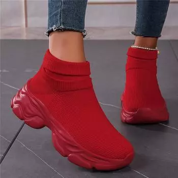 Hot Sale Breathable Socks Shoes Woman 2024 Trend Red Height-increasing Platform Shoes Women Slip-on High-top Sneakers Size 35-42 35