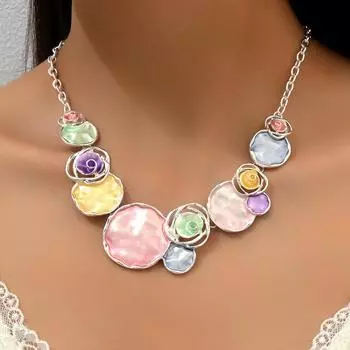 Hot Sale Ladies Long Necklace Geometric Rose Flower Drip Oil Design Premium Sense Clavicle Chain Wind