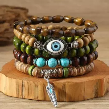 Hot Sale Lucky Eye Feather Multilayer Wood Bead Beaded Bracelet Bracelet Bracelet разноцветный