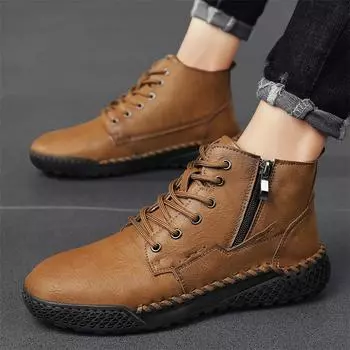 Hot Sale Male Boots New Side Zipper Men s Walking Boots 2024 All-match Men s Motorcycle Boots Leather Men Casual Low Top Shoes 38 чёрный