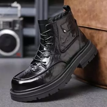 Hot Sale Man Leather Boots Casual Men Biker Ankle Boot Trendy All-match Climbing Winter Platform Fashion Mans Shoes High Quality 38 чёрный