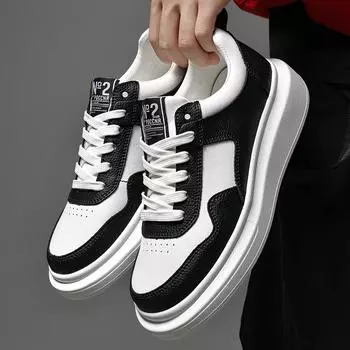 Hot Sale Men Casual Shoes Lightweight White Black Sneakers Genuine Leather Men s Vulcanize Shoes Thick Bottom Walking Trainers 38 чёрный