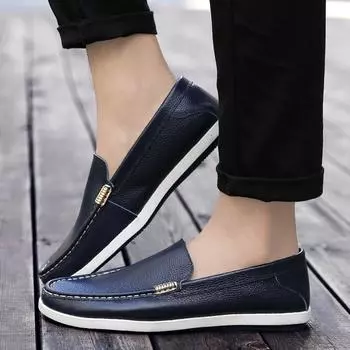 Hot Sale Men Loafers Genuine Leather Casual Drive Shoes Handmade Moccasins Soft-Soled Male Slip on Flats Leisure Walk Boat Shoes 38 чёрный