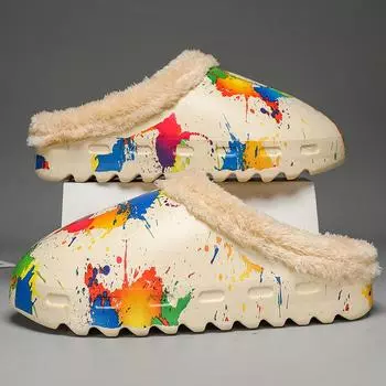 Горячая распродажа мужские зимние тапочки 2024 модные граффити домашние тапочки детские мужские женские хлопковые туфли меховые теплые домашние роскошные тапочки мужские 35-36