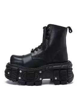 Hot Sale Metal Height Increasing Mid Calf Leather Boots Black All-match Design Boots Round Toe Thick Sole Cross Tied Shoes Punk 35