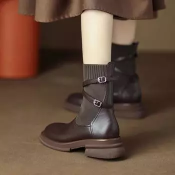 Hot Sale Shoes for Women Winter Women s Boots Solid Color Round Toe One Word Buckle Mid Heel Fashion Boots Shoes Women 35 чёрный