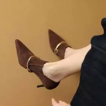 Hot Sale Shoes for Women Women s High Heels Retro Dress Pumps Women Metal Decoration Pointed Toe Slip on Thin Heels Female Shoes 34 чёрный