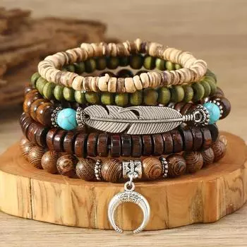 Hot Sale Simple Fashion Feather Crescent Wood Bead Beaded Bracelet Jewelry разноцветный