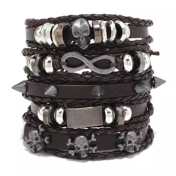 Hot Sale Skull 8 Alloy Accessories Five-piece Cowhide Bracelet, Jewelry коричневый