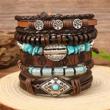 Hot Sale Skull Cow Head Zinc Alloy Accessories 6-piece Cowhide Bracelet коричневый