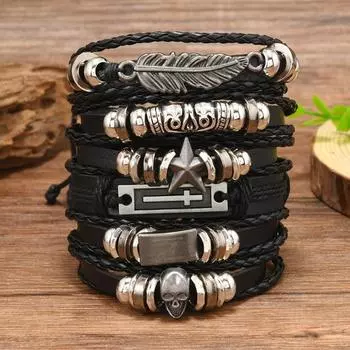 Hot Sale Skull Pentagram Zinc Alloy Accessories 6-piece Cowhide Bracelet чёрный