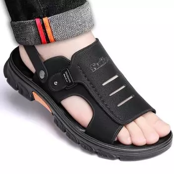 Hot Sale Summer Men s Sandals Outdoor Non-slip Men s Beach Sandals Double use Genuine Leather Men s Shoes Fashion Men Sneakers 38 чёрный