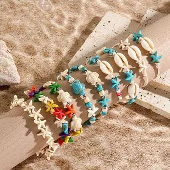 Hot Sale Summer Ocean Wind Jewelry Shells Starfish Turtle Woven Bracelet, Seaside Elastic Beaded Bracelet разноцветный