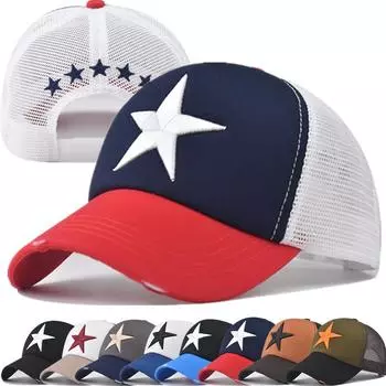 Горячая Распродажа Унисекс Регулируемая Сетчатая Кепка Повседневная Простая Вышивка Пятизвездочный Хлопок Бейсболка Летняя Кепка Дальнобойщика Для Женщин И Мужчин 56cm-60cm темно-синий/красный