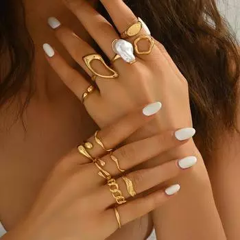 Hot Sale Women s Ring Set Geometric Inlaid with Special-Shaped Pearl Design Open Ring