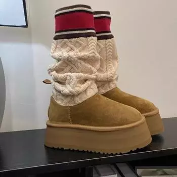 Горячие продажи меховых зимних ботинок с высокой трубой из шерсти, зимние женские ботинки 2024 года, новые туфли на платформе с высокой толстой подошвой и длинной трубой 35 коричневый