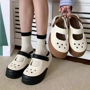 Hot Seller Summer New EVA Thick Sole Perforated Shoes Women Wearing Elevated Soft Sole DIY Solid Color Two Wear Home Slippers 36-37 коричневый