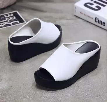 Hot Seller Woman Slippers Summer Platform Ladies Wedges Peep Toe Slides Female Solid Women Casual Outdoor Shoes Women s Slippers 35 чёрный
