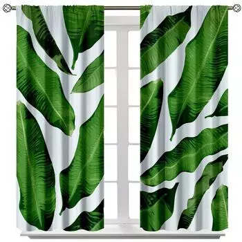 Hot Selling High Shading Curtain White Background Green Leaf Print Curtain Bedroom Living Room Window Home Decoration Shading W55 X H120cm X 2&HOOK