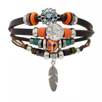 Hot-selling jewelry, new butterfly star and moon glazed feather pendant, retro men s multi-layer leather bracelet. коричневый