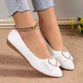 Hot Selling Spring Women s Flat Shoes Ballet Metal Buckle Bow Women s Autumn Pointed Toe Slip-on Office Leather Zapatos Mujer 35 бежевый