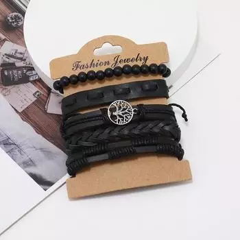 Hot-selling Tree of Life beaded leather bracelet five-piece fashionable retro handwoven bracelet чёрный