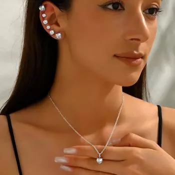 Hot selling women s necklace set geometric inlaid zircon design stud earrings versatile jewelry