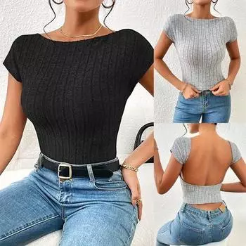 Горячий сексуальный укороченный топ с открытой спиной, женские повседневные летние футболки с коротким рукавом и открытой спиной S серый