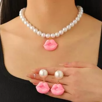Горячая мода на День святого Валентина, преувеличенные серьги-подвески с губами, комплект ювелирных изделий из искусственного жемчуга 1 set