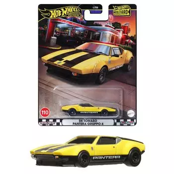 Hot Wheels Boulevard De Tomaso Pantera Gruppo 4 игрушечных мини-машинки для детей от 3 лет и старше, желтая HRT75