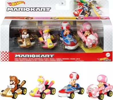 Hot Wheels Mario Kart de Juguete Пакет из 4 штук с Tanooki Mario Vehculo