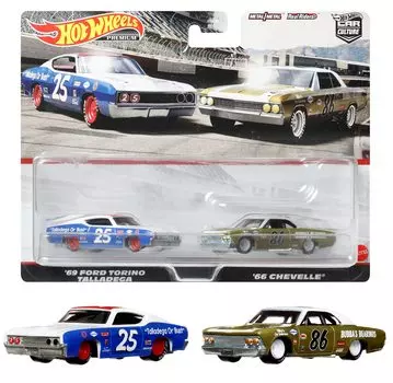 Hot Wheels Premium 2 Pack Ford Torino Chevelle 10-х годов и HFF31 69 Talladega/ 66 [3 шт.] Серебристый/синий 1/64