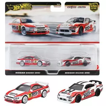 Hot Wheels Premium 2 Pack Nissan 240SX (S14)/Ниссан Сильвия (С15) Игрушечный мини-автомобиль для детей от 3 лет и старше, белый/красный HRR84