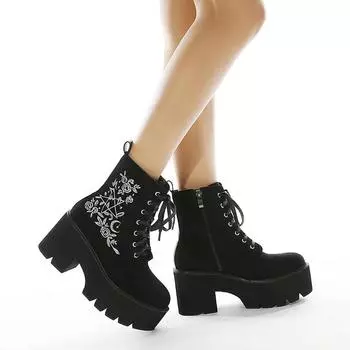 Hot Women s Suede Embroidered High Heel Ankle Boots Chunky Heel Platform Boots Black Women Side Zipper Short Boots Plus Size 43 35 чёрный