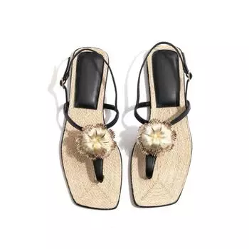Hot Womens flower Sandals Metal Design Fashion Slippers Low Heel Roman Vintage Summer Beach Shoes Fashion Casual Sandalias 35 чёрный