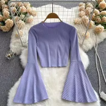 Hotsweet Elegance Casual Fashion Расклешенный рукав Короткий О-образный вырез Тонкая футболка и блузки Топ Лето Осень Одежда Для Женщин Базовые S чёрный