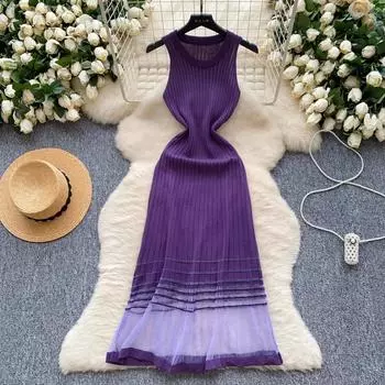 Hotsweet O-образный вырез халтер сексуальное без рукавов шикарное трикотажное сеточное облегающее платье длинное платье французский вечерний High Street женская одежда One Size абрикосовый