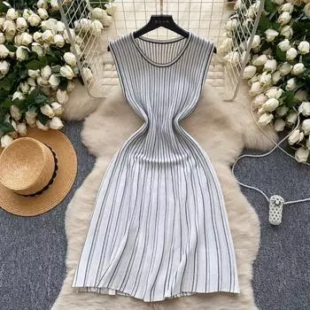 Hotsweet O-образный вырез в полоску повседневные без рукавов шикарные трикотажные облегающие платья трапециевидной формы платья французские офисные женские платья для улицы One Size чёрный