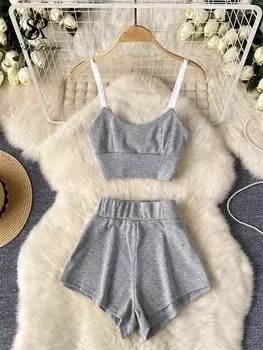 Яркие летние комплекты из двух предметов, короткие шорты без рукавов с эластичной резинкой на талии, широкие шорты, одежда, женские шикарные повседневные костюмы One Size серый
