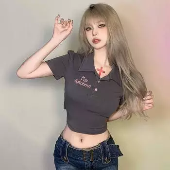 Hotsweet Y2K футболки женские на шнурке в японском стиле Harajuku летняя уличная одежда в стиле ретро однотонные топы M серый