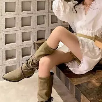 Hottie Pile Boots Женские ковбойские сапоги в стиле британского запада с ремешками Маленькие высокие сапоги Тонкие 35 хаки