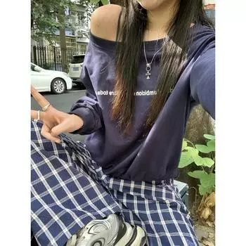 Hottie Strapless Long Sleeve Hoodie Women s New Early Autumn Letter Print Loose Design Smart Student Top M