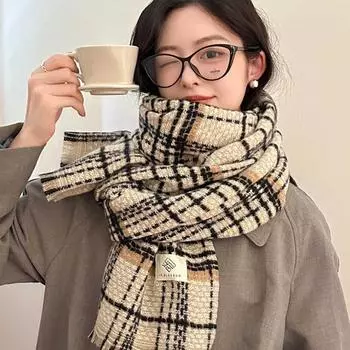 Houndstooth Bright Silk Scarf Warm Neck Winter Premium Plaid Knit Scarf