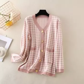 Houndstooth Knitted Cardigan Women s Autumn New Style V-neck Long-sleeved Loose Large Size Mid-length Top Jacket One Size